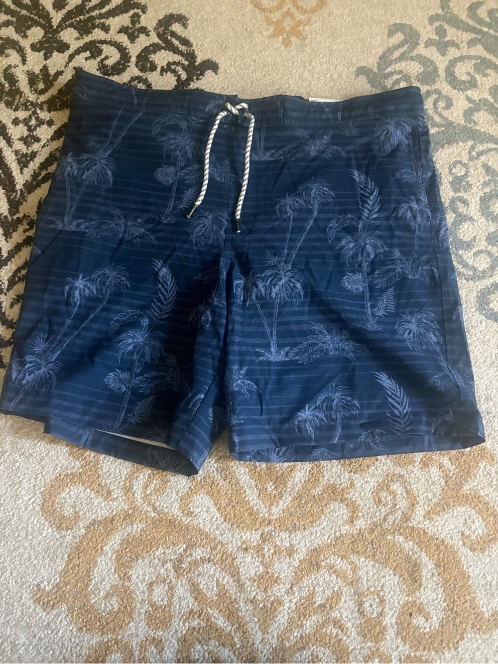 Navy Palm-Print Swim Board Shorts